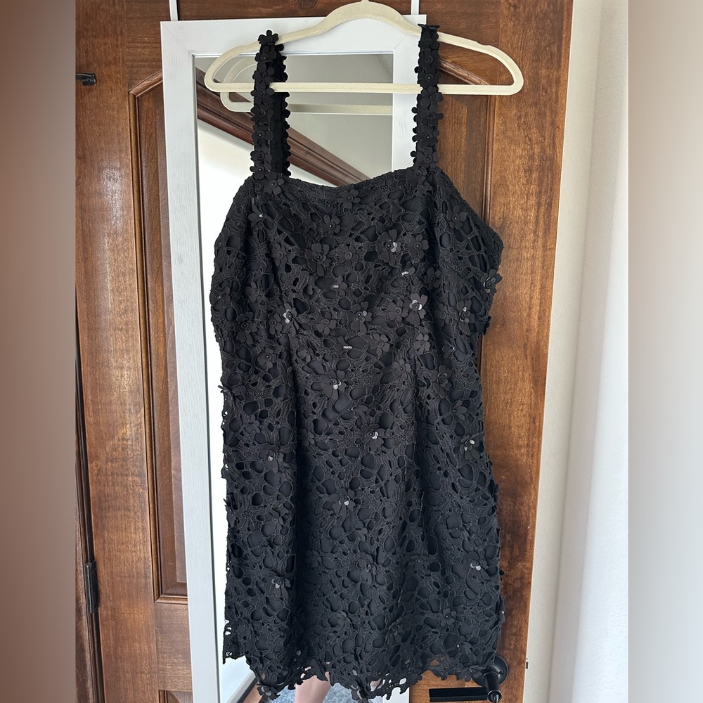Black floral embroidery mini dress